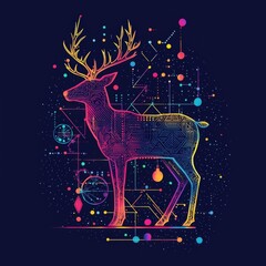 Poster - digital deer: a stunning digital illustration showcasing a deer, adorned with intricate circuits and