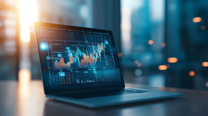 Poster - laptop displaying financial charts and graphs with stock market data, illuminated by sunlight. scene conveys sense of analysis and investment opportunities