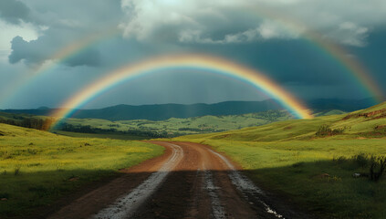 Wall Mural - a rainbow arching over green hills, with a dirt road leading to the center of it.