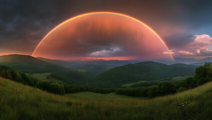 Wall Mural - a panoramic view of the carpathian mountains with a rainbow arching over them, showcasing green gras