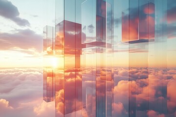 Wall Mural - futuristic glass skyscraper reflecting sunset clouds with parametric facade design and floating geom