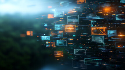 Poster - Digital interface with floating data panels, glowing codes, and vibrant colors, set against blurred natural background, creating futuristic atmosphere