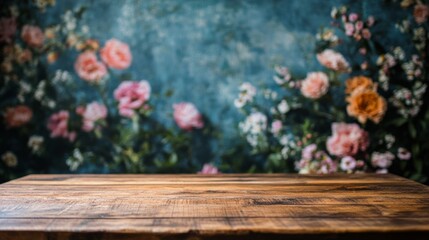 Poster - An inviting wooden table awaits on a soft surface, while an enchanting array of blurred flowers creates a dreamy backdrop
