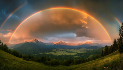 Wall Mural - a panoramic view of the carpathian mountains with a rainbow arching over them, showcasing green gras