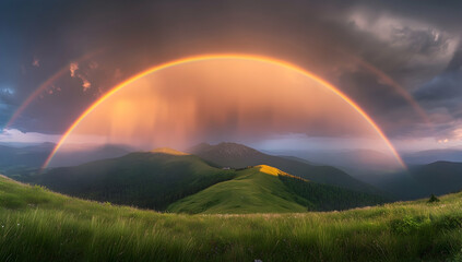 Wall Mural - a panoramic view of the carpathian mountains with a rainbow arching over them, showcasing green gras