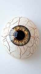 Poster - Close up of a realistic eye revealing intricate veins and detailed iris texture against a clean white background, emphasizing the eye's complex structure