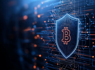 Poster - cybersecurity shield featuring digital bitcoin symbol, representing protection in cryptocurrency wor