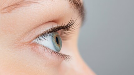 Poster - Closeup of a woman's eye showing long eyelashes and green iris with a blurred background, ideal for beauty, health, and vision related projects