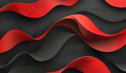 Poster - Red and black vector background with wave elements, dark gray background, black lines, red ribbon shapes, simple design, vector illustration