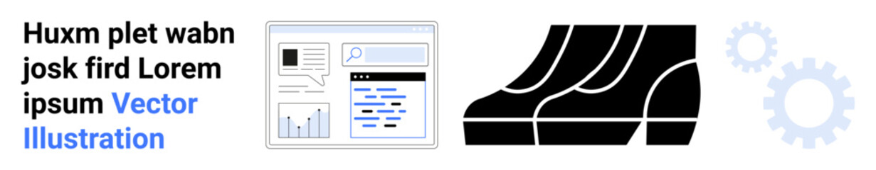Web analytics tool interface with charts, gears, and abstract industrial machine graphic. Ideal for technology, manufacturing, automation, productivity, innovation, industry flat landing page banner