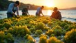 © miss irine - Seaweed sustainable eco farming practice photo. Farmers tend to seaweed crops in ocean garden at sunrise. Sea vegetables gather. Eco-friendly ocean farm. Algae harvesting for healthy food production,