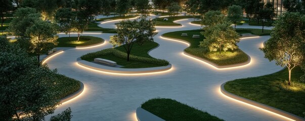 Sustainable Transport walking concept. Serene park pathway illuminated by soft lights at night.