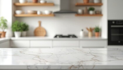 Aufkleber - Empty white countertop with blurred kitchen in background. Marble stone table top, shelf. Food blurred background, product display template mock-up. Modern interior design, cooking place. Restaurant