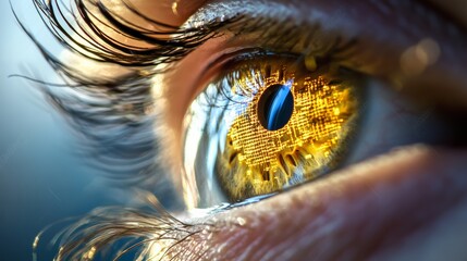 Poster - Close up of an eye with golden iris featuring an intricate electronic circuit, reflecting technological advancements in vision and futuristic concepts