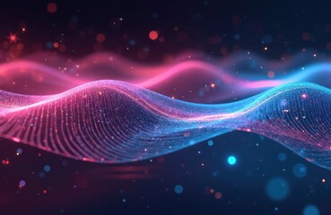 Aufkleber - Abstract futuristic background with pink blue glowing neon moving wave lines, bokeh lights. Data transfer concept. Fantastic wallpaper design. Tech, digital motion dynamic energy. Modern cyber space