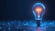 © miss irine - Abstract glowing light bulb on dark blue tech background with neon frame style. Innovation, idea generation, solution searching concept. Great for tech companies presentation, business, science