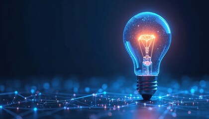 Poster - Abstract glowing light bulb on dark blue tech background with neon frame style. Innovation, idea generation, solution searching concept. Great for tech companies presentation, business, science
