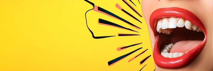 Poster - Close up of a woman's mouth with bright red lipstick, her teeth perfectly white and straight, shouting with a comic style effect emanating from her mouth against a vibrant yellow background