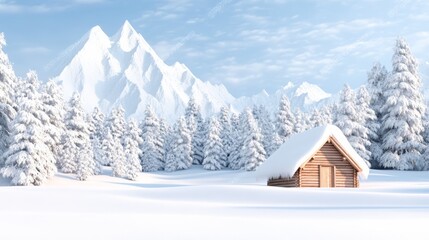 Poster - Snow covered wooden cabin nestled in a winter wonderland, surrounded by snow laden pines and majestic mountains under a clear blue sky, exuding tranquility and warmth