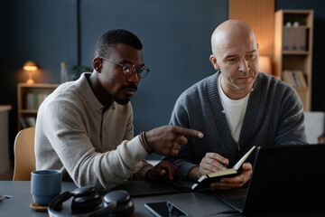 Poster - Black male interior designer pointing at laptop screen guiding trainee while male colleague writing in notebook, working at desk with digital devices for graphic arts in office