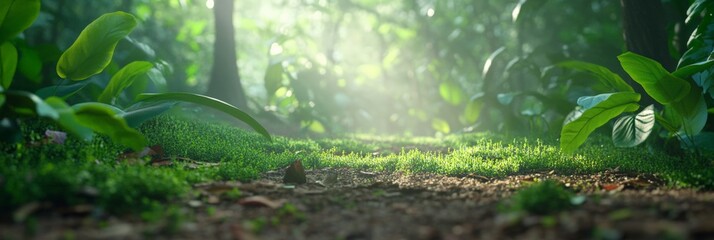 Poster - Sunbeams are filtering through the lush canopy of a dense, vibrant forest, illuminating a bed of moss and creating a magical, enchanting atmosphere