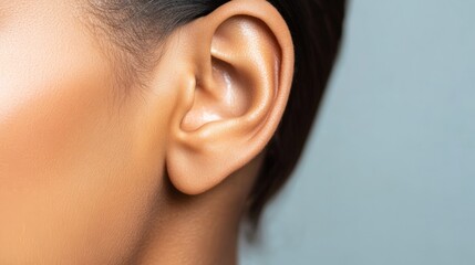 Poster - Close up of a healthy ear belonging to a young woman, highlighting the intricate details of the outer ear structure and emphasizing the importance of good hearing and auditory health