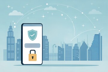 Poster - A smartphone displays a security login screen, set against a city skyline, symbolizing digital safety and urban connectivity.