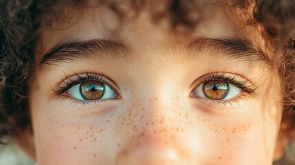 Poster - Close up of captivating brown eyes reflecting curiosity and showcasing healthy vision, highlighting the intricate details of iris, pupil, and surrounding skin with delicate freckles