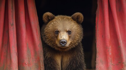 captivating portrait of a brown bear peering through red curtains