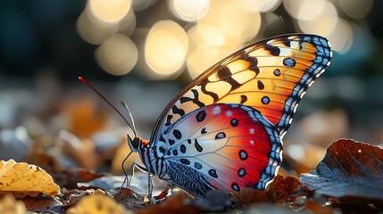 Poster - Colorful butterfly resting on autumn leaves, bathed in golden sunlight
