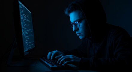 Coding Hacker Typing on Keyboard in Dark Room with Blue Light