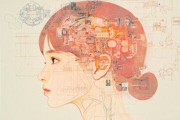 Poster - Schematic representation of artificial intelligence within the contours of a human head highlighting cognitive mechanisms. Generative AI