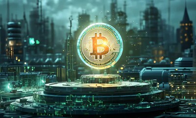 Wall Mural - bitcoin in futuristic city