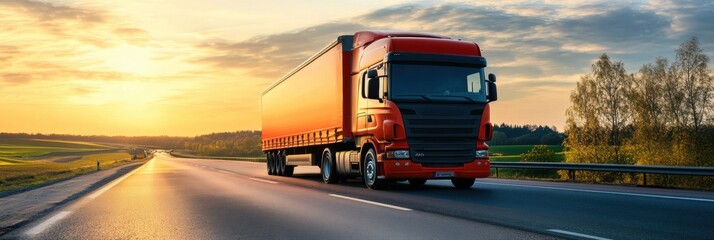Poster - Sunset road journey with a red truck on a highway near fields and trees. Generative AI