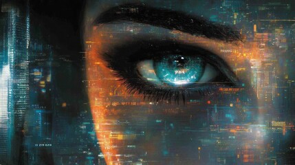 Woman s eye reflecting a futuristic cityscape and data streams