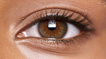 Poster - Macro close up capturing a stunning brown female eye, featuring long black eyelashes and flawless skin, highlighting health, beauty, and the importance of vision care