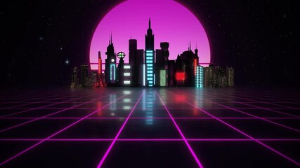 Aufkleber - Retro-futuristic 80s style looping animation with night city background. Synthwave seamless loop cyberpunk cityscape for the music video. Futuristic 80s retro synthwave style 3d render animation loop.