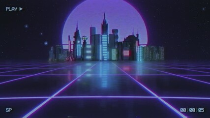 Aufkleber - Retro-futuristic 80s style looping animation with night city background. Synthwave seamless loop cyberpunk cityscape for the music video. Futuristic 80s retro synthwave style 3d render animation loop.