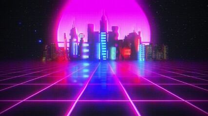 Aufkleber - Retro-futuristic 80s style looping animation with night city background. Synthwave seamless loop cyberpunk cityscape for the music video. Futuristic 80s retro synthwave style 3d render animation loop.