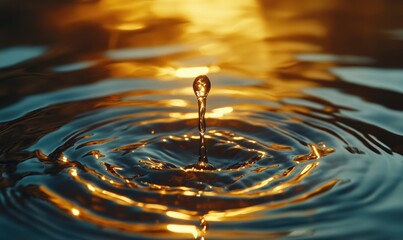 Wall Mural - Golden sunset, water droplet impact, ripple effect, calm surface, nature background