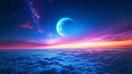 Poster - Above a tranquil sea of clouds, the growing moon casts its gentle glow on the vibrant twilight sky, blending shades of blue and purple, creating a magical atmosphere at dusk