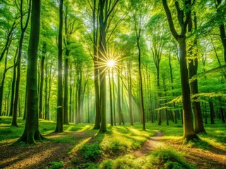 Wall Mural - A sun-dappled panorama reveals a vibrant deciduous forest, a picturesque nature photograph.