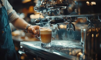 Close up hand of Barista working in coffee shop, preparing latte, making cappuccino. Bartender in apron preparing coffee drink