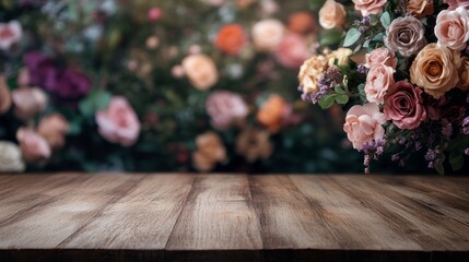 Poster - An empty wooden table rests quietly as colorful blooms softly blur in the background, creating a serene atmosphere perfect for a gathering or peaceful reflection
