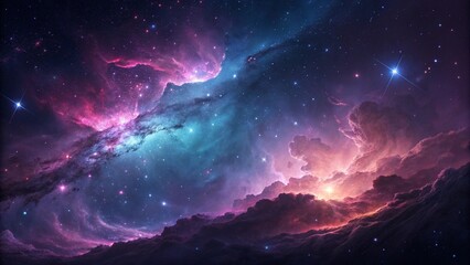 Wall Mural - Dramatic cosmic landscape with colorful nebulae clouds and a multitude of stars, painted in a vibrant and dynamic style, perfect for backgrounds and wallpapers