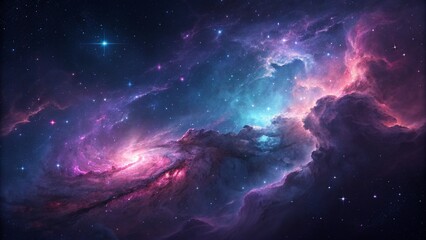 Wall Mural - Vibrant depiction of outer space, showcasing nebulae in shades of purple, pink, and blue against a field of stars, ideal for visual projects needing a cosmic feel