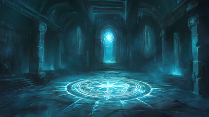 Wall Mural - An ancient, mystical chamber with glowing symbols and a circular pattern on the ground. Portal to Forgotten Worlds. Illustration