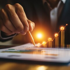 Poster - Analyzing Business Growth: Man Pointing to Upward Trend in a Financial Chart with a Pen.