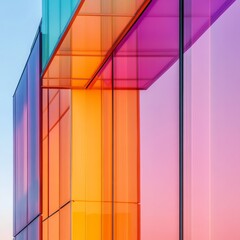 Poster - Architectural Rainbow: A Colorful Facade of Modern Building with Glass Panels and Structural Lines.