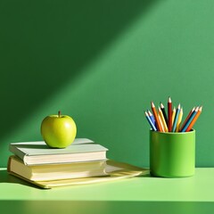 Aufkleber - Back to School Still Life: Green Apple on Books, Vibrant Pencils in a Green Holder, and Green Background under Sunlight.